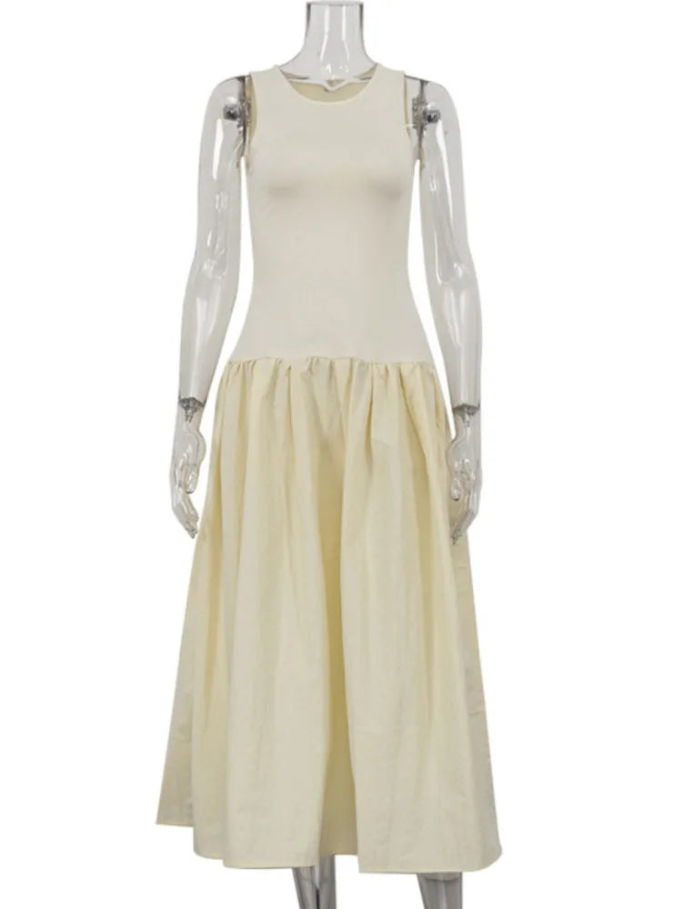 Patchwork Sleeveless Maxi Dress For Women Autumn New Casual Solid O Neck Loose A-line Long Tank Dress Elegant Fashion