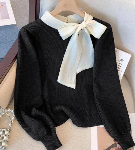 Black Patchwork Bow Collar Women Elegant Sweater Korean Chic Slim Knitted Long Sleeve Office Lady Pullover Top Autumn Winter New