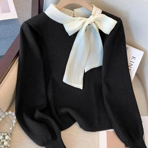 Load image into Gallery viewer, Black Patchwork Bow Collar Women Elegant Sweater Korean Chic Slim Knitted Long Sleeve Office Lady Pullover Top Autumn Winter New
