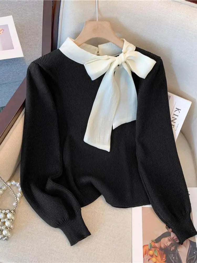 Black Patchwork Bow Collar Women Elegant Sweater Korean Chic Slim Knitted Long Sleeve Office Lady Pullover Top Autumn Winter New