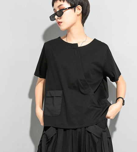 Women Black Pocket Irregular Hem Big Size Casual T-shirt New Round Neck Short Sleeve Fashion Spring Summer 2025 1DJ1791
