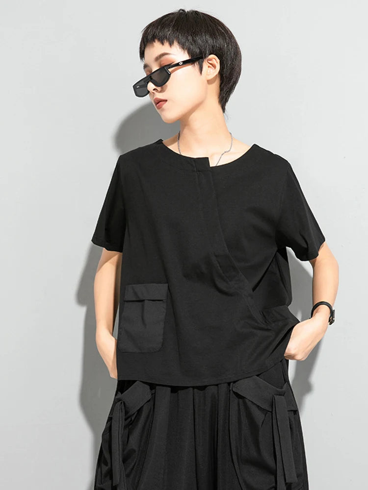 Women Black Pocket Irregular Hem Big Size Casual T-shirt New Round Neck Short Sleeve Fashion Spring Summer 2025 1DJ1791