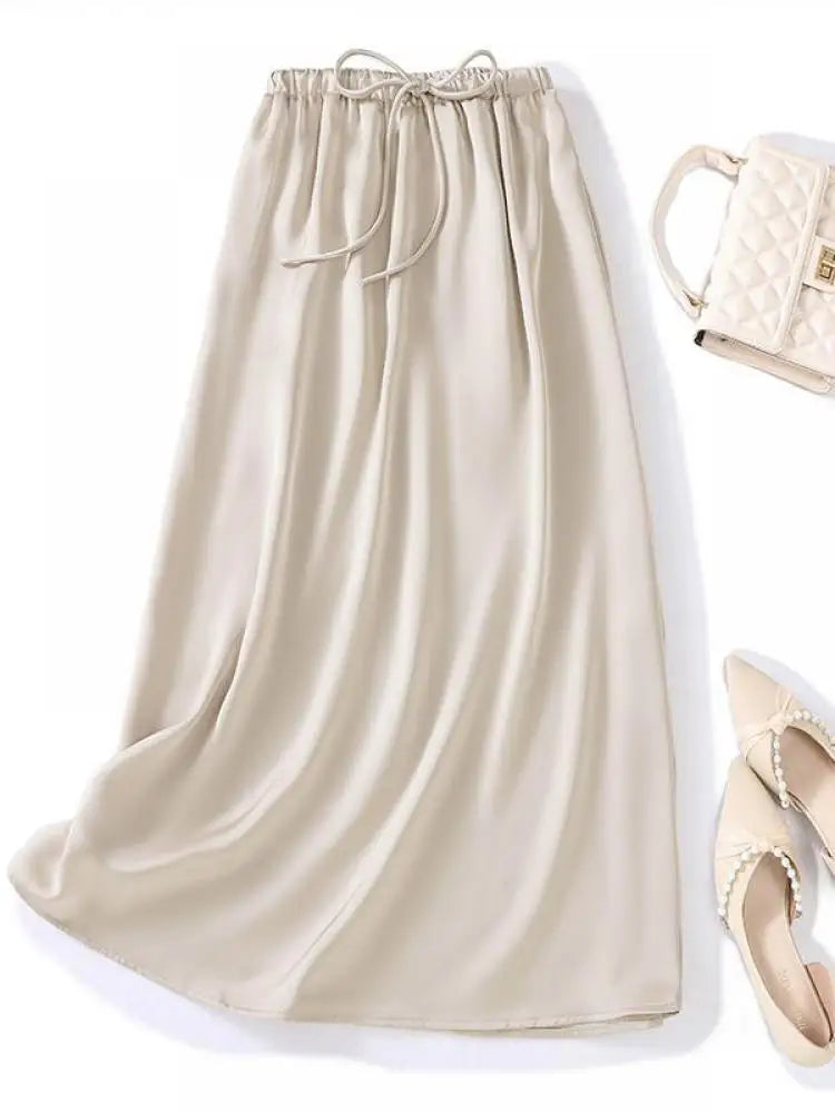 Summer Solid Casual High Waist Long Skirt Women's Korean Fashion Drawstring Lace-up Holiday Skirts 2024 Simplicity Popular Trend