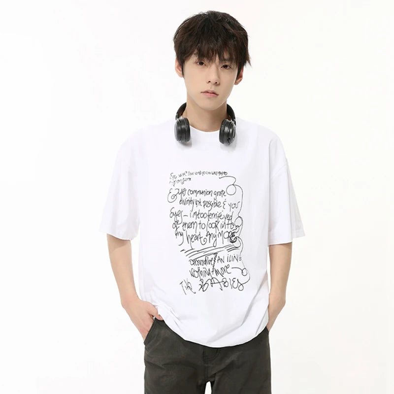 Korean Design Men's T-shirts Graffiti Line Letter Printing Tees O-neck Short Sleeve Casual Male Tops Chic Summer 9C6474