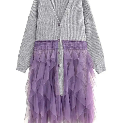 Load image into Gallery viewer, Women Black Big Size Knitting Mesh Irregular Sweater Dress New V-Neck Long Sleeve Fashion Spring Autumn 2025 1DH2366
