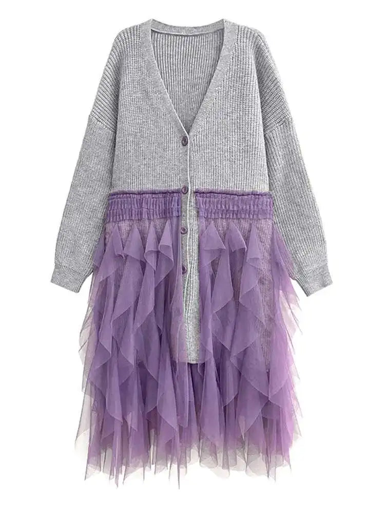 Women Black Big Size Knitting Mesh Irregular Sweater Dress New V-Neck Long Sleeve Fashion Spring Autumn 2025 1DH2366