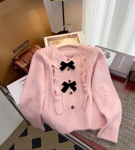 Korean Simple White V-neck Single-breasted Knitted Sweater 2024 Women Pink Sweet Ruffles Bow Cardigan Tops Vintage Autumn Winter