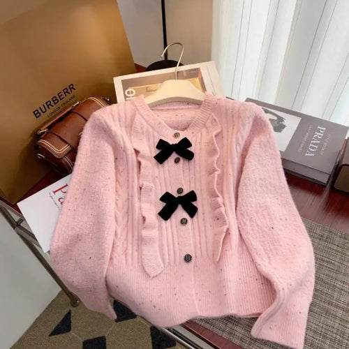 Load image into Gallery viewer, Korean Simple White V-neck Single-breasted Knitted Sweater 2024 Women Pink Sweet Ruffles Bow Cardigan Tops Vintage Autumn Winter
