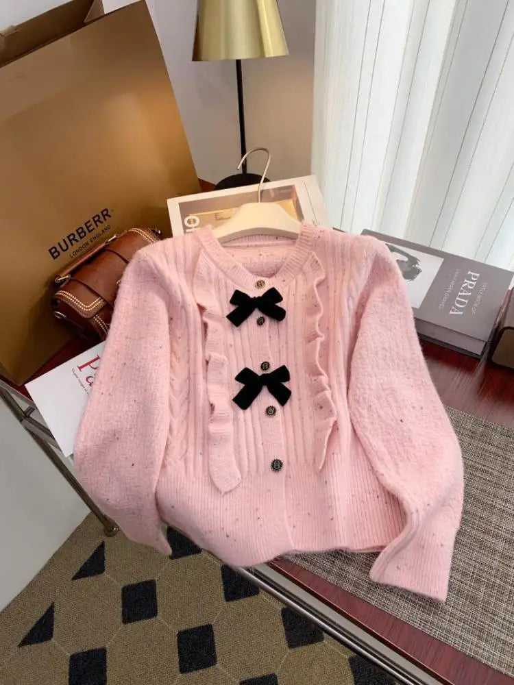 Korean Simple White V-neck Single-breasted Knitted Sweater 2024 Women Pink Sweet Ruffles Bow Cardigan Tops Vintage Autumn Winter