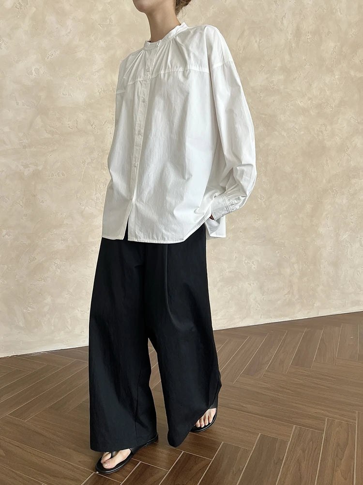 Women White Elegant Big Size Blouse New Stand Collar Long Lantern Sleeve Shirt Fashion Tide Spring Autumn 2025 1DH9280