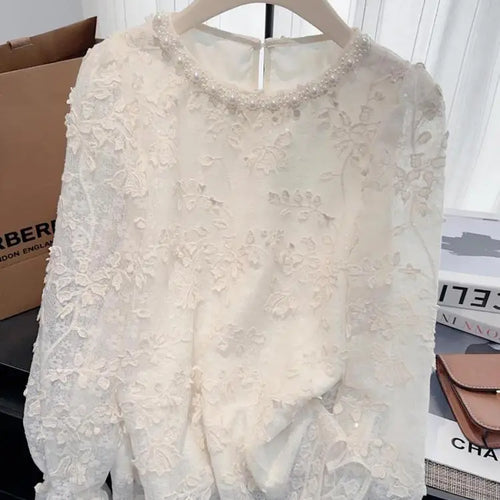 Load image into Gallery viewer, French Vintage Women White Lace Elegant Hollow Out Long Sleeve Shirt 2024 New Autumn Winter Pearl Round Neck Holiday Blouse Tops
