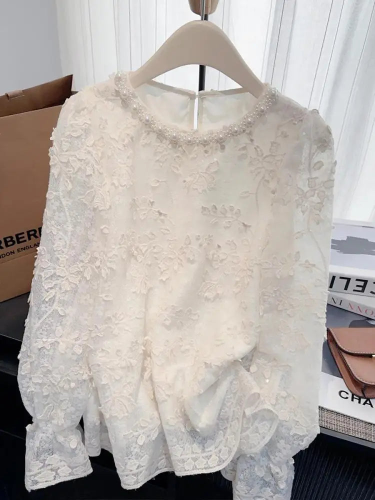 French Vintage Women White Lace Elegant Hollow Out Long Sleeve Shirt 2024 New Autumn Winter Pearl Round Neck Holiday Blouse Tops