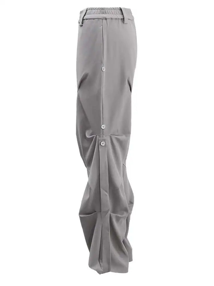 High Elastic Waist Gray Pleated Irregular Long Cargo Pants New Trousers Women Fashion Tide Spring Autumn 2025 CPG1628