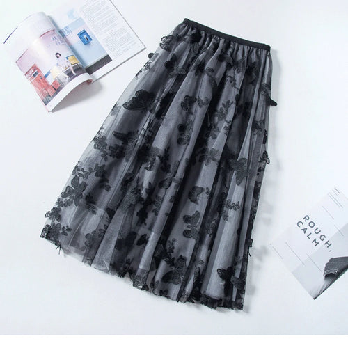 Load image into Gallery viewer, Long Tulle Skirt Women Vintage Butterfly Embroidery Elastic High Waist A-Line Mesh Pleated Skirt Female Midi Skirt Faldas Jupe
