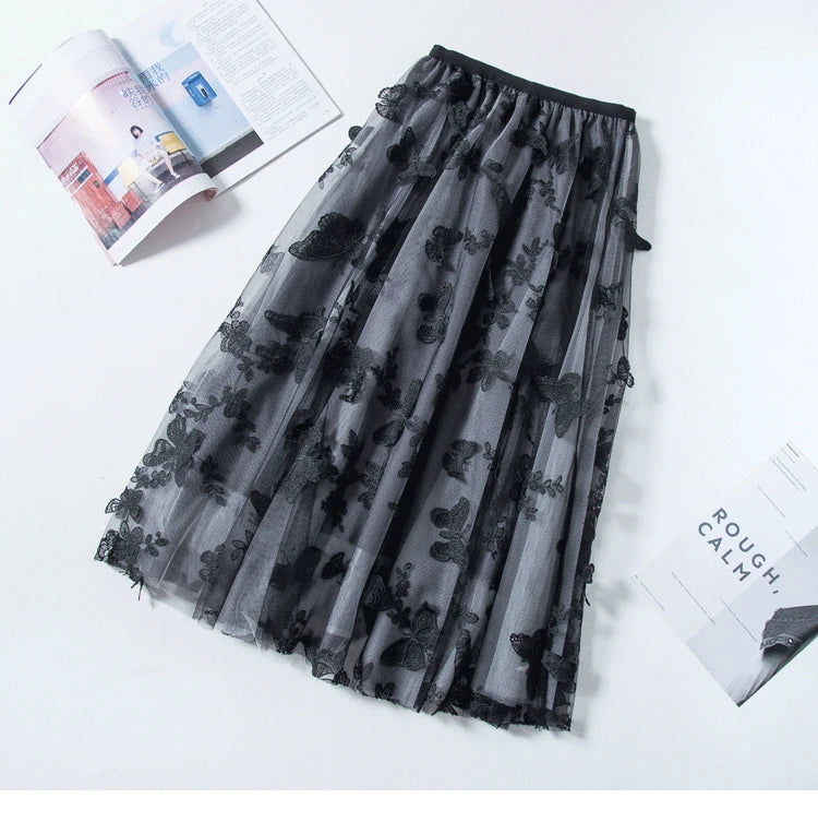 Long Tulle Skirt Women Vintage Butterfly Embroidery Elastic High Waist A-Line Mesh Pleated Skirt Female Midi Skirt Faldas Jupe