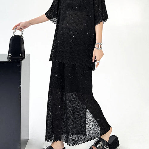 Load image into Gallery viewer, Black Lace T-shirt Back Slit Skirt Two Pieces Suit New Round Neck Short Sleeve Women Fashion Spring Summer 2025 1DJ1159
