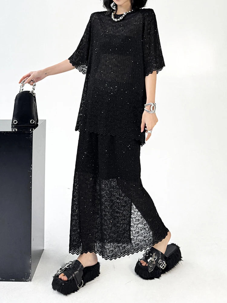 Black Lace T-shirt Back Slit Skirt Two Pieces Suit New Round Neck Short Sleeve Women Fashion Spring Summer 2025 1DJ1159
