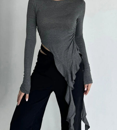 Y2k Aesthetic Irregular Ruffled Crop Tops Vintage Harajuku Autumn Solid T-Shirt Streetwear Sexy Slim Fit Pleated Grunge Shirt