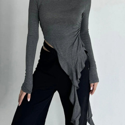 Load image into Gallery viewer, Y2k Aesthetic Irregular Ruffled Crop Tops Vintage Harajuku Autumn Solid T-Shirt Streetwear Sexy Slim Fit Pleated Grunge Shirt
