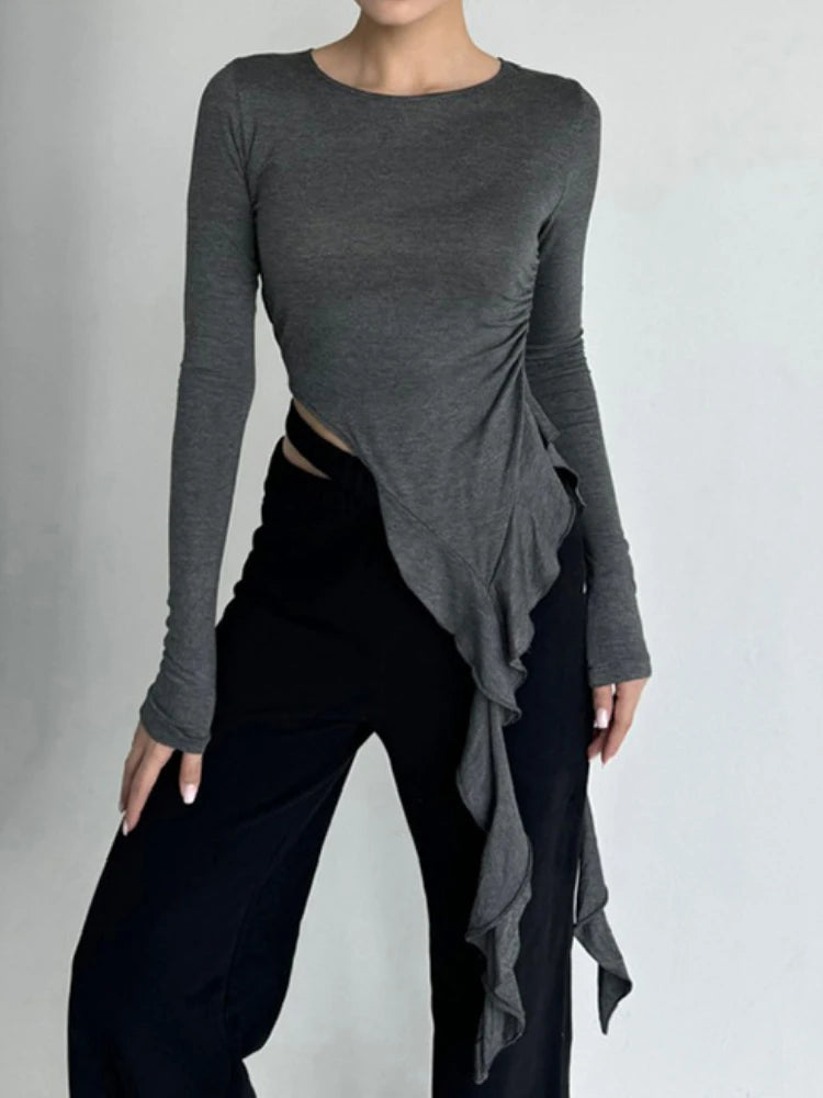 Y2k Aesthetic Irregular Ruffled Crop Tops Vintage Harajuku Autumn Solid T-Shirt Streetwear Sexy Slim Fit Pleated Grunge Shirt