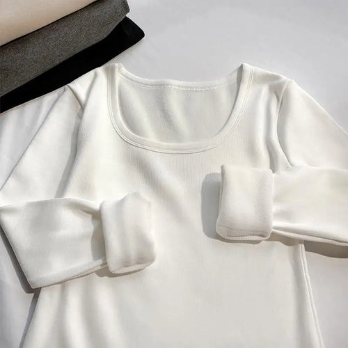 Load image into Gallery viewer, Solid O Neck Long Sleeve Shirt Women Autumn Winter Bottoming Tops Casual Slim Basic Velvet T-shirt 2024 Simplicity Popular Trend
