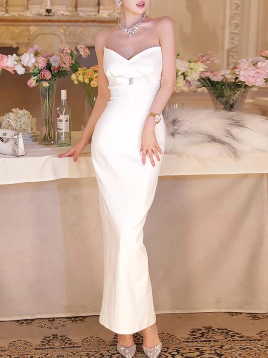 Solid Slimming Minimalist Dresses For Women Strapless Sleeveless High Waist Temperament Long Dress Female Fashion