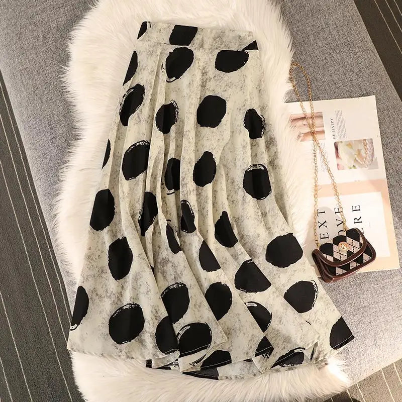 Vintage Women Casual Dot Print Pleated A-line Skirt Elegant Elastic High Waist Female Summer Festival Party Midi Skirts Boho New