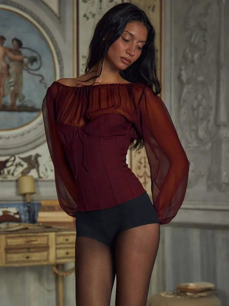 Elegant Long Sleeved Chiffon Patchwork Zipper Slimt Women T-shirt Top Sexy Backless Bandage Tight Top Autumn/winter 2025