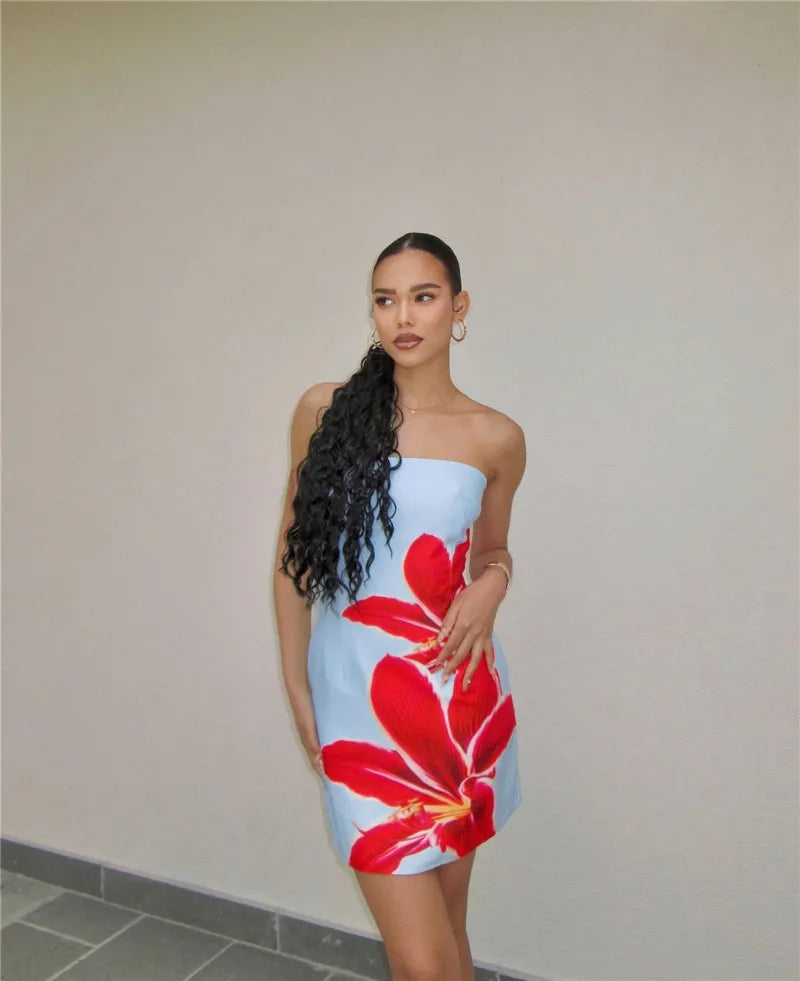 Strapless Backless Print Dress For Women Fashion Patchwork Off-shoulder Sleeveless Bodycon Club Party Print Mini Dress