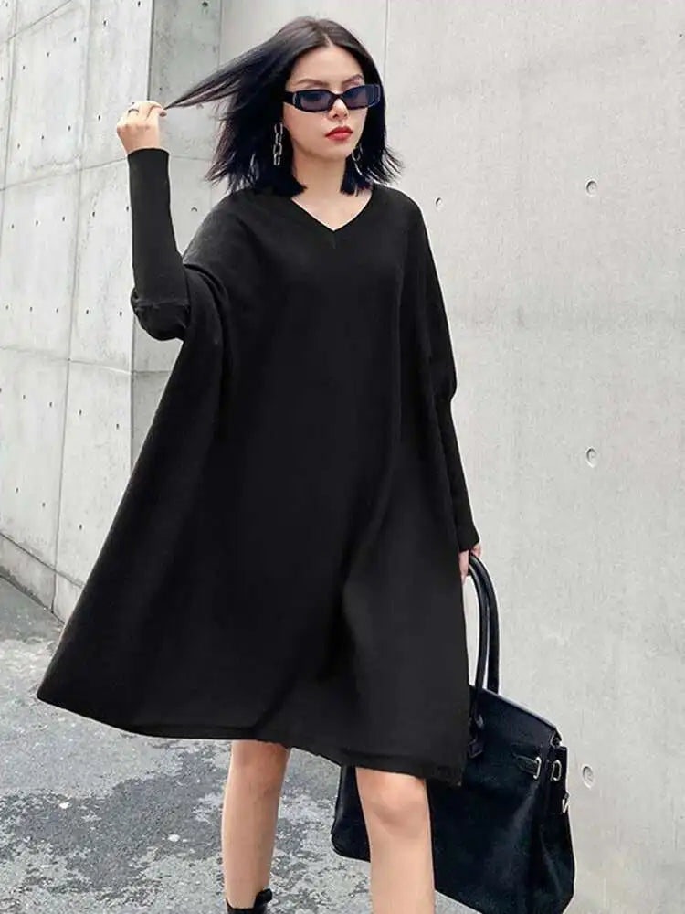 Women Blue Knitting Big Size Mini Dress New V-Neck Long Batwing Sleeve Loose Fit Fashion Tide Spring Autumn 2025 1DF9758