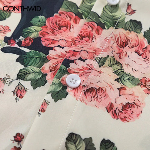 Load image into Gallery viewer, Men Oversized Hawaiian Shirts Black Cat Floral Graphic Print Button Up Blouse 2024 Harajuku Loose Short Sleeve Summer Beach Tops
