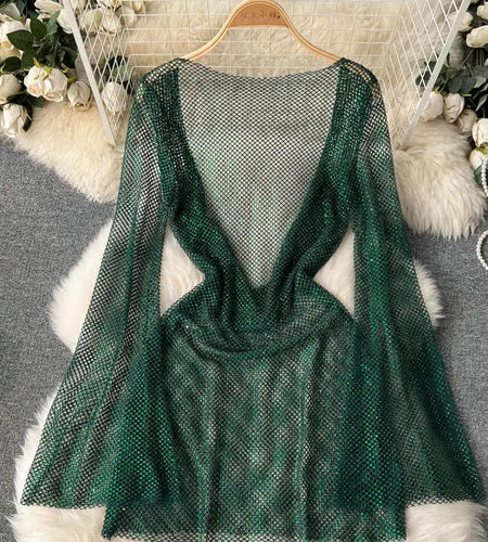 Spring Summer Green Sexy Nightclub Mini Dress Women Black Long Sleeve Backless Hollow Out Perspective Diamond Short Dresses Y2k
