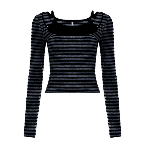 Load image into Gallery viewer, Gothic Striped Tops y2k Women Aesthetic Clothing Fake Two-Piece Long Sleeve T Shirt Spring Fall Clothes Streetwear

