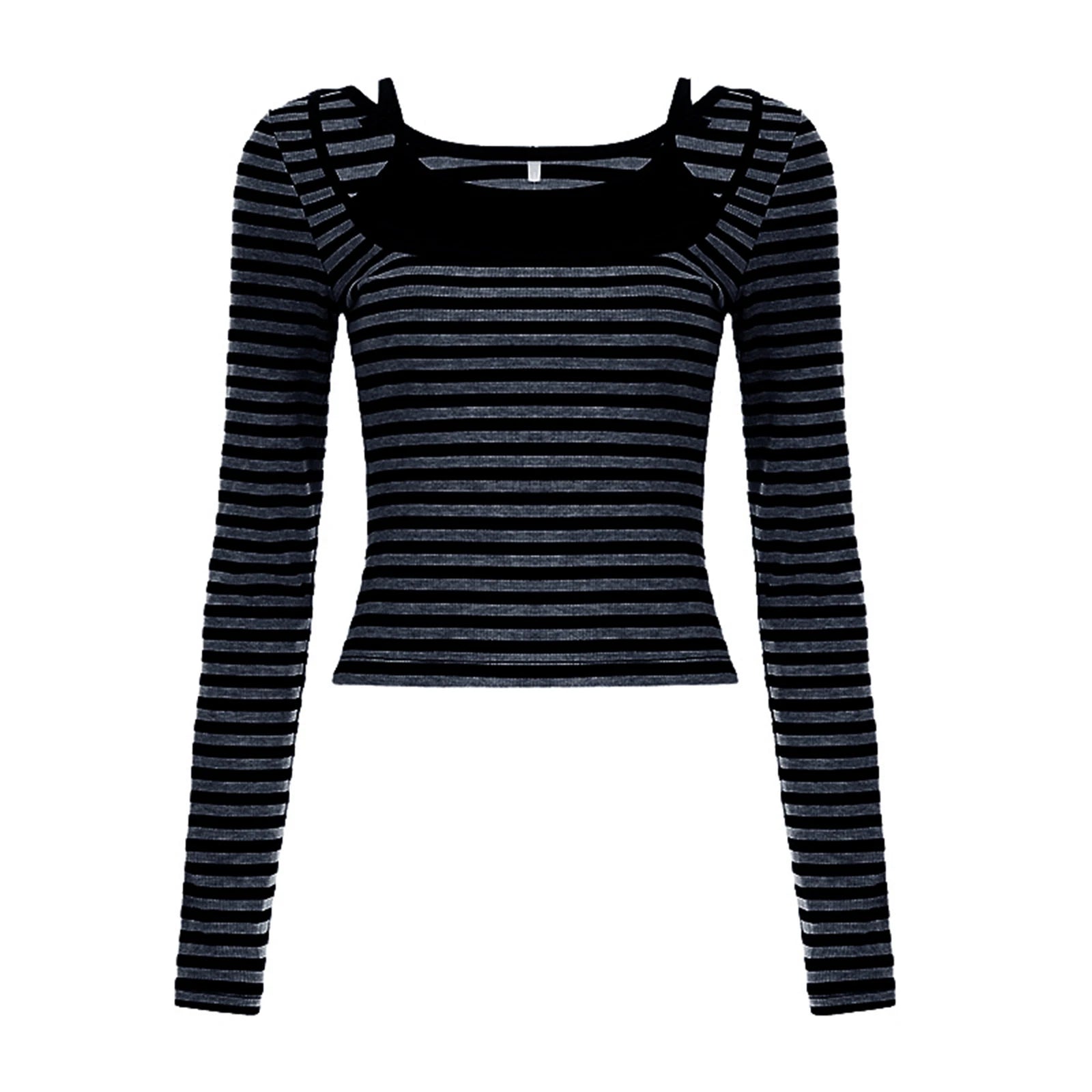 Gothic Striped Tops y2k Women Aesthetic Clothing Fake Two-Piece Long Sleeve T Shirt Spring Fall Clothes Streetwear