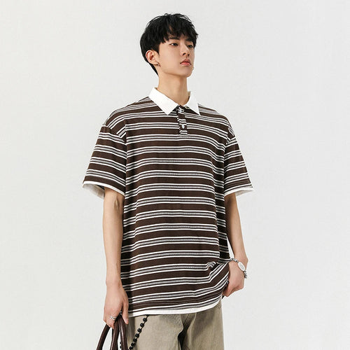 Load image into Gallery viewer, Men's Short Sleeve T-shirts New Summer Korean Contrast Color Striped  Fake Two-Piece Tide Lapel Pullover Male Tees 9W1944
