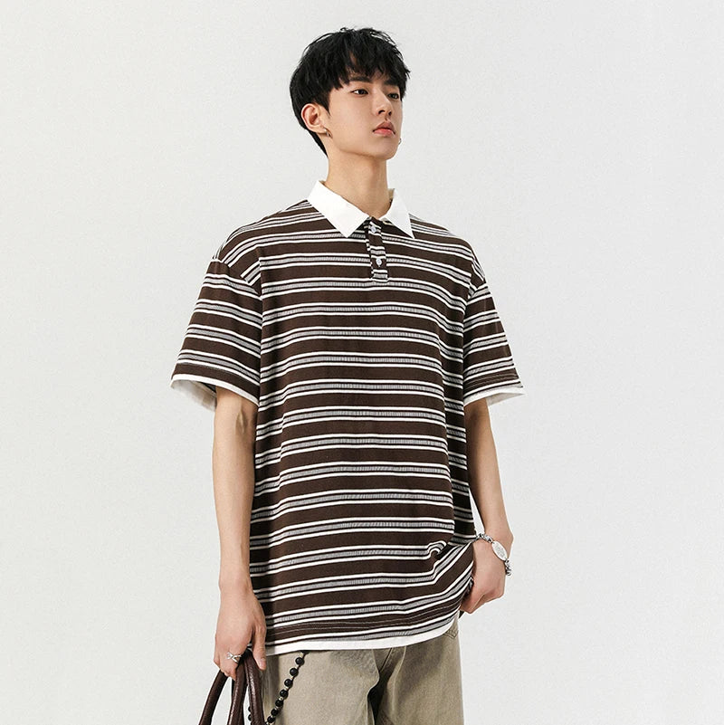 Men's Short Sleeve T-shirts New Summer Korean Contrast Color Striped  Fake Two-Piece Tide Lapel Pullover Male Tees 9W1944