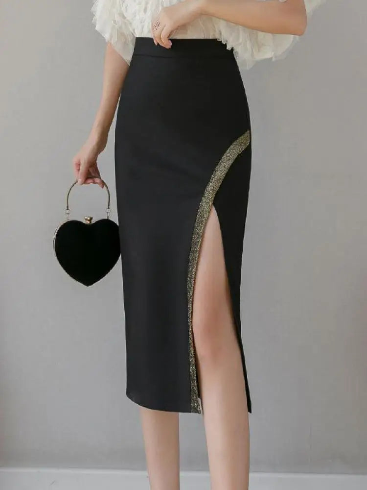 Korean Version Spring Summer Women Patchwork High Waist Midi Skirt Streetwear Popular Sexy Oversized Wrap Hip Split Skirt Trendy