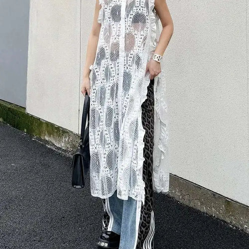 Load image into Gallery viewer, Women White Lace Perspective Ruffles Big Size Shirt Dress New Lapel Sleeveless Fashion Tide Spring Summer 2025 1DH6069
