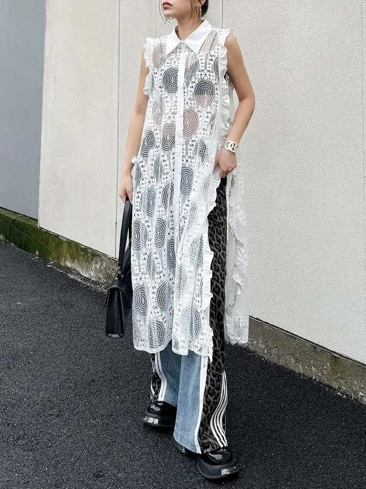 Women White Lace Perspective Ruffles Big Size Shirt Dress New Lapel Sleeveless Fashion Tide Spring Summer 2025 1DH6069