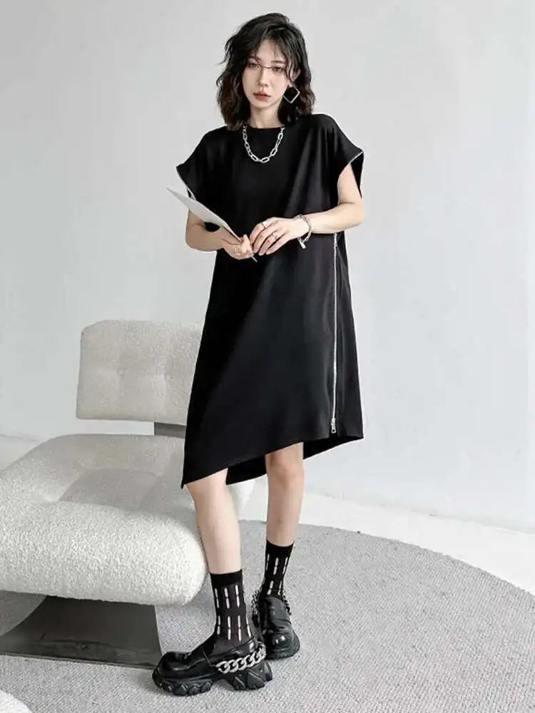 Women Black Zipper Big Size Casual Dress New Round Neck Short Sleeve Loose Fit Fashion Tide Spring Summer 2025 1DF7865