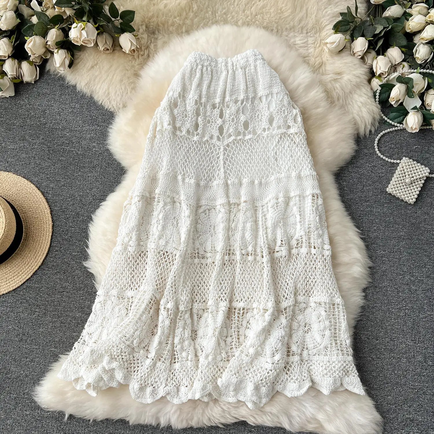 Retro French White Elegant Hook Flower Hollow Elastic High Waist Skirt Women Khaki Vacation Slim Skirts Female Autumn New Trend