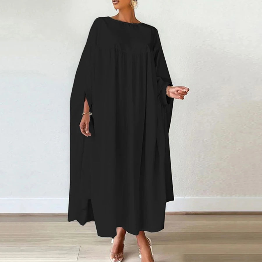 Women’s Oversieze Batwing Sleeves Simple White Maxi Dresses Autumn Spring Casual Round-neck Loose Muslim Woman Dresses