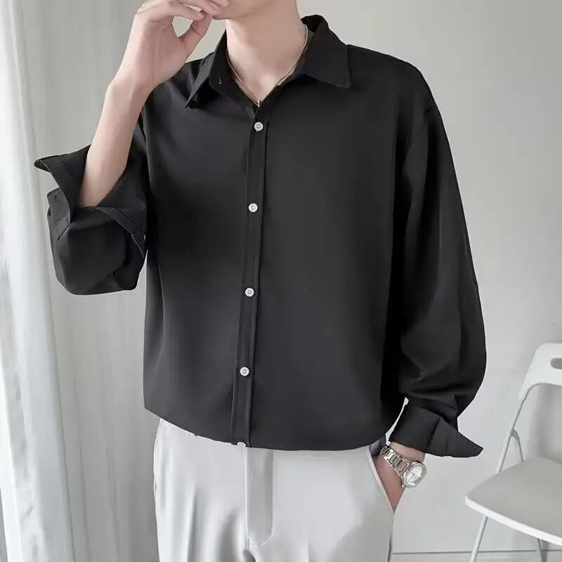 Mens's Shirt Long Sleeved Shirts Simple Trendy Solid Color Turn-down Collar New Fashionable Korean Tide Style 2025 9W1209