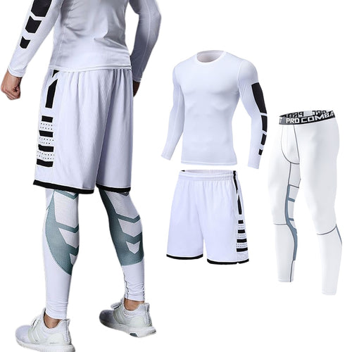 Load image into Gallery viewer, Mens Compression Sportswear Set Gym Running Sport Clothes Tight T-shirt Lycra Leggings Athletics Shorts Fitness Rash Guard Kits v2

