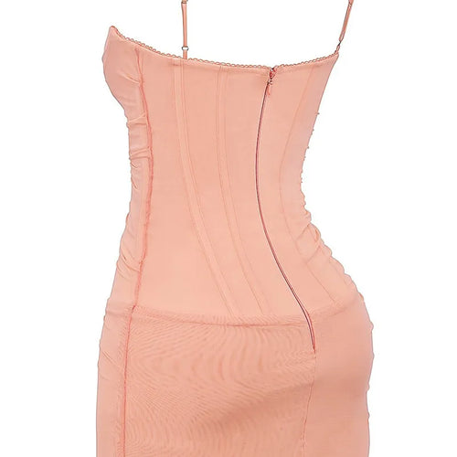 Load image into Gallery viewer, Mesh Spaghetti Strap Sexy Mini Dress For Women Light Orange Zipper Sleeveless Backless Bodycon Ruched Dress Elegant
