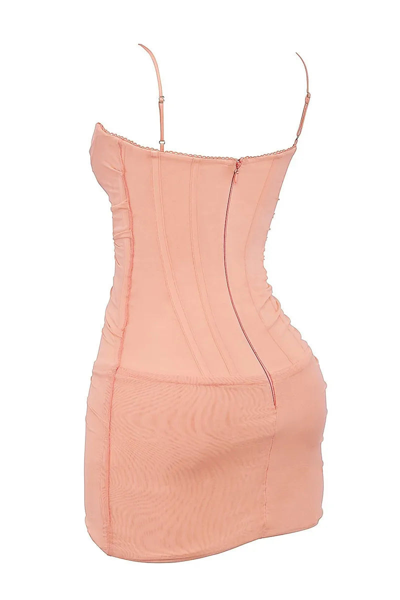 Mesh Spaghetti Strap Sexy Mini Dress For Women Light Orange Zipper Sleeveless Backless Bodycon Ruched Dress Elegant