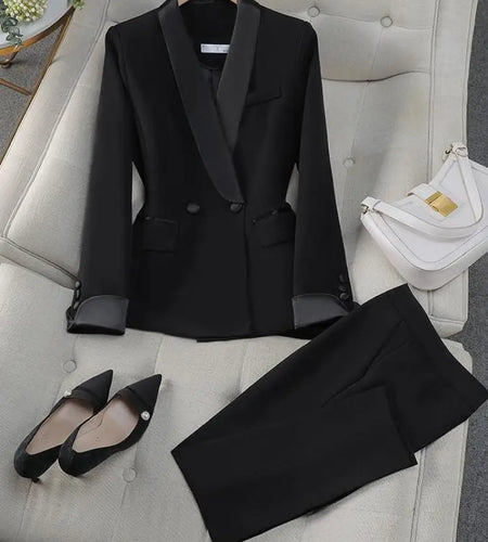 Autumn Women Elegant Work Blazer Suit Black Red Patchwork Double Breasted Coat Top And High Waist Pant Two Piece Set Office Lady