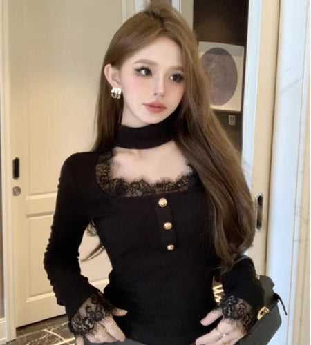 Patchwork Lace Elegant Sweet Tshirts Women Chic Sweet Y2k Slim Button Tees Square Collar Bottoming Vintage Long Sleeve Crop Top