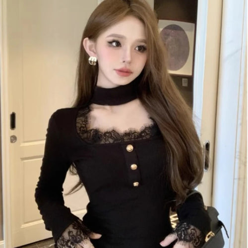 Load image into Gallery viewer, Patchwork Lace Elegant Sweet Tshirts Women Chic Sweet Y2k Slim Button Tees Square Collar Bottoming Vintage Long Sleeve Crop Top
