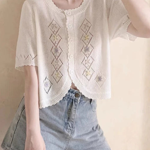 Load image into Gallery viewer, Kawaii Cute Floral Embroidery  Cardigan Women Thin Hollow Out Knitted Cardigans 2025 Summer Sweet O-neck Sweater Loose Tops
